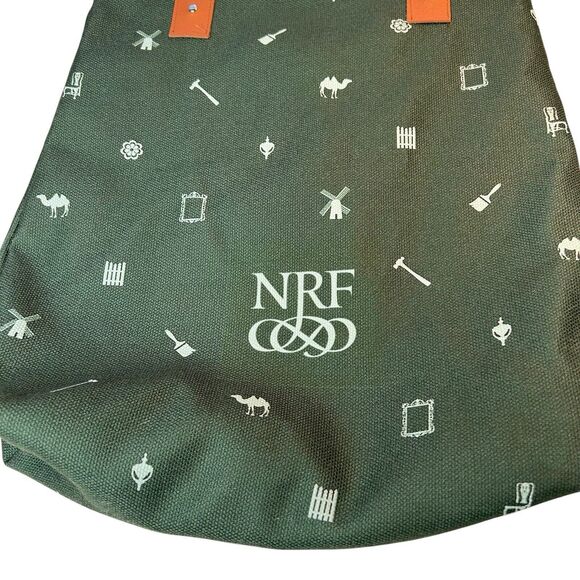 Market Tote Bag Canvas Fully Lined Leather Handles Green Patterned NRF Logo - Picture 6 of 10